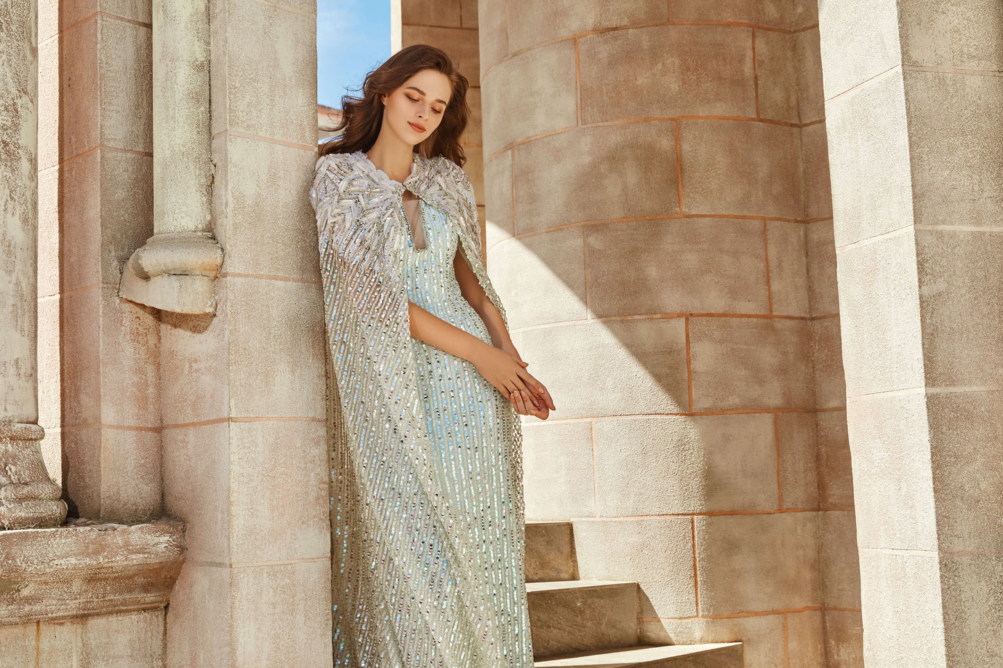 AKSC Hand-Beaded Mint Green Sequin Gown with Cape – 2-Piece Tulle Formal Evening Dress
