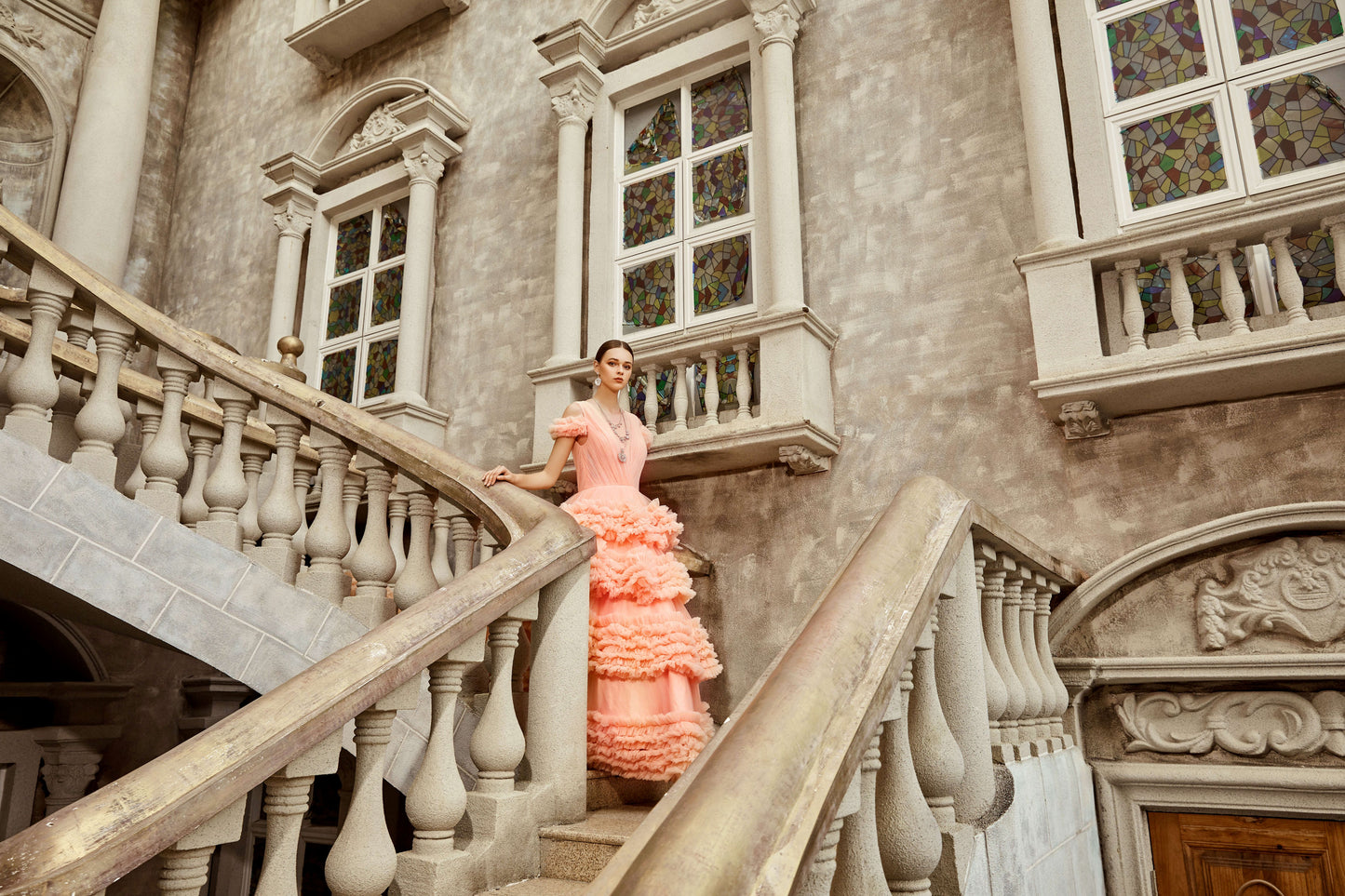 AKSC Elegant Peach Tulle Ball Gown with Ruffle Layers