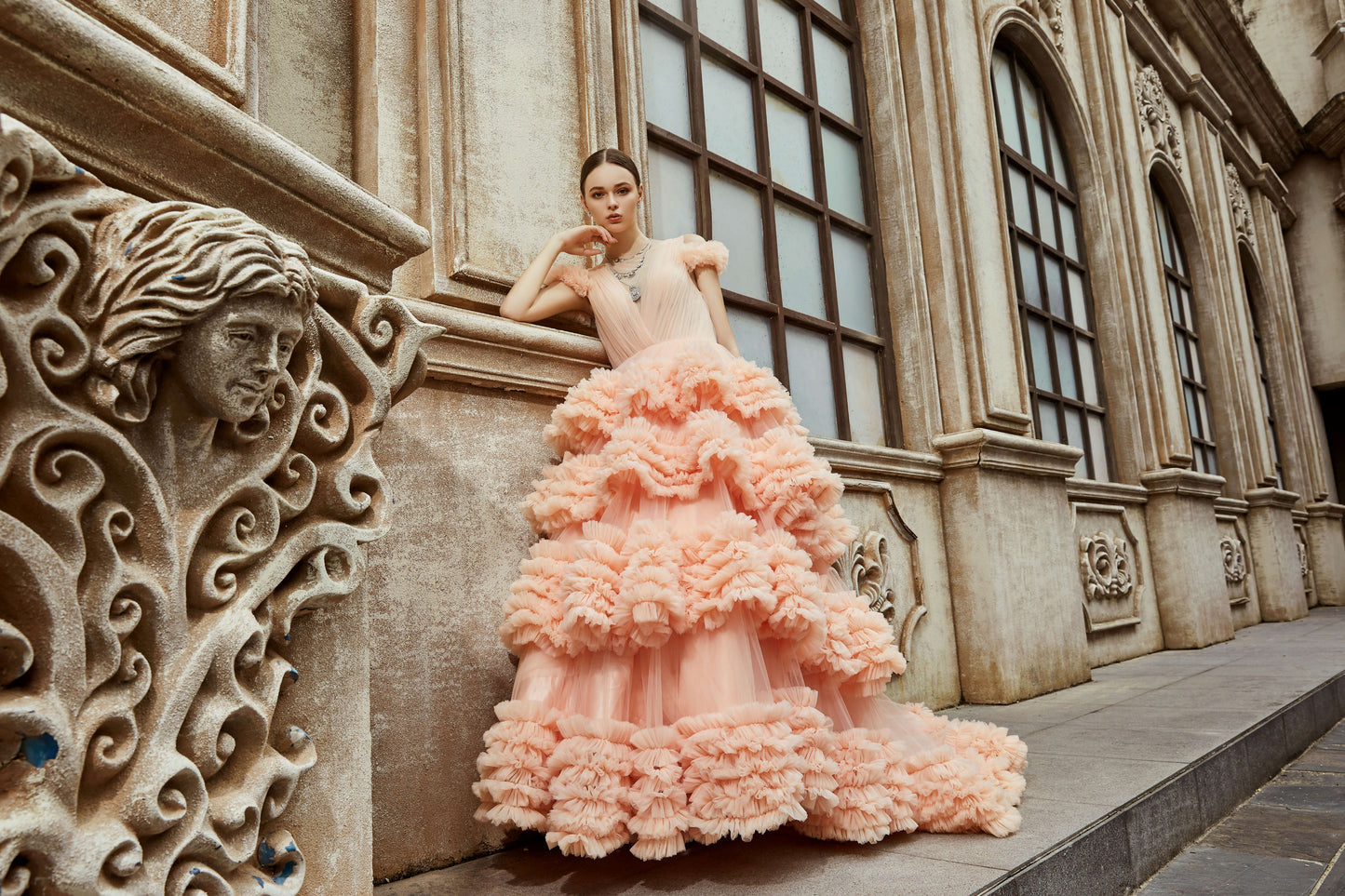 AKSC Elegant Peach Tulle Ball Gown with Ruffle Layers