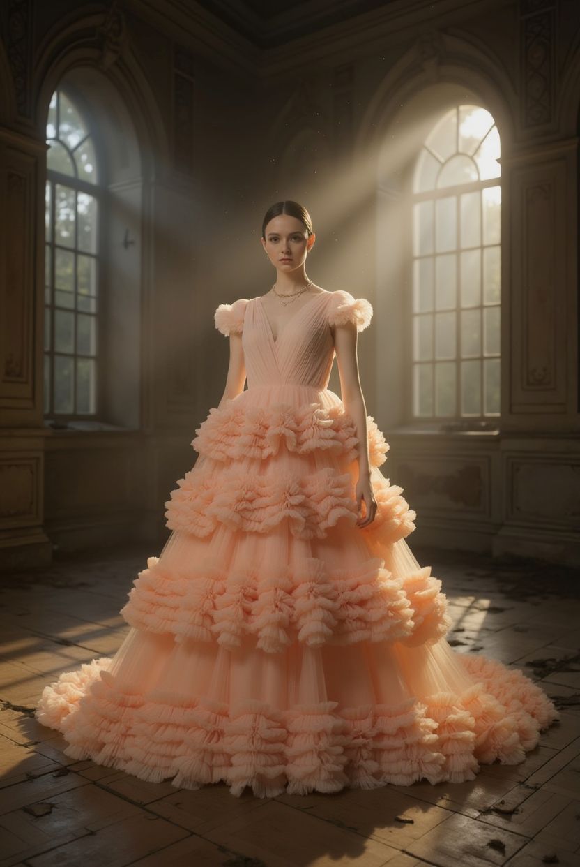 AKSC Elegant Peach Tulle Ball Gown with Ruffle Layers