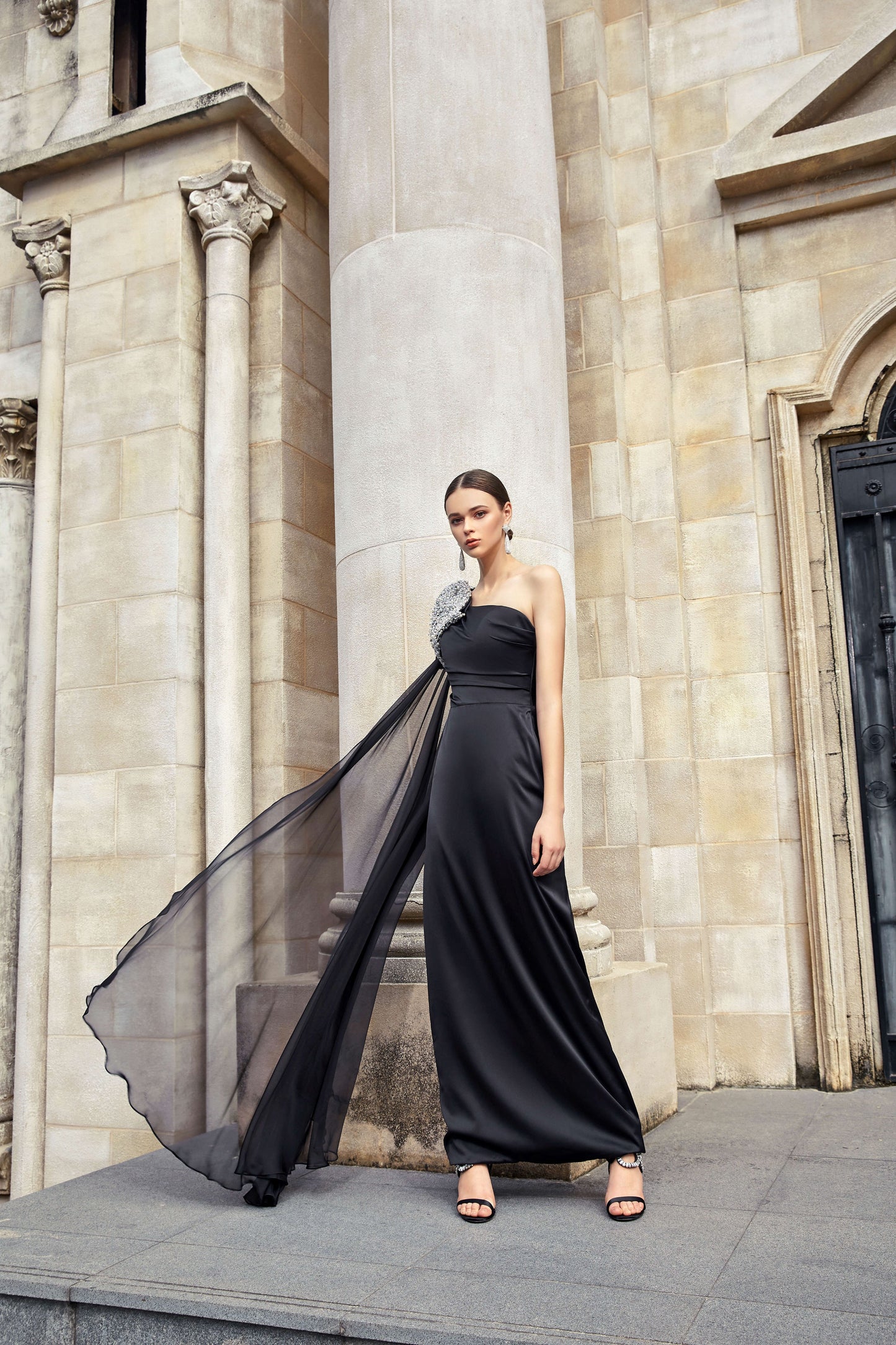 AKSC One-Shoulder Hand-Beaded Black Gown – Luxe Chiffon & Satin