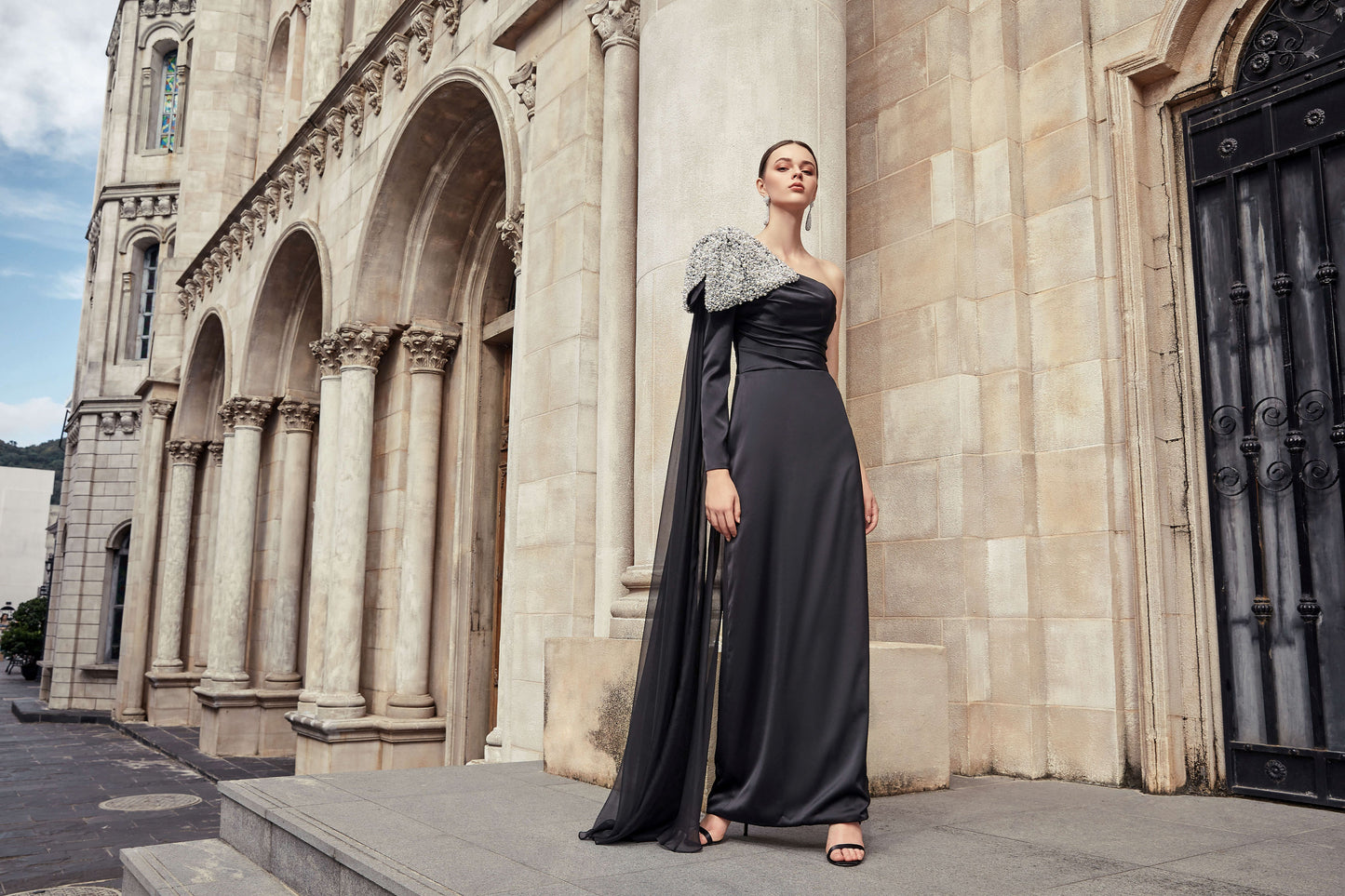 AKSC One-Shoulder Hand-Beaded Black Gown – Luxe Chiffon & Satin