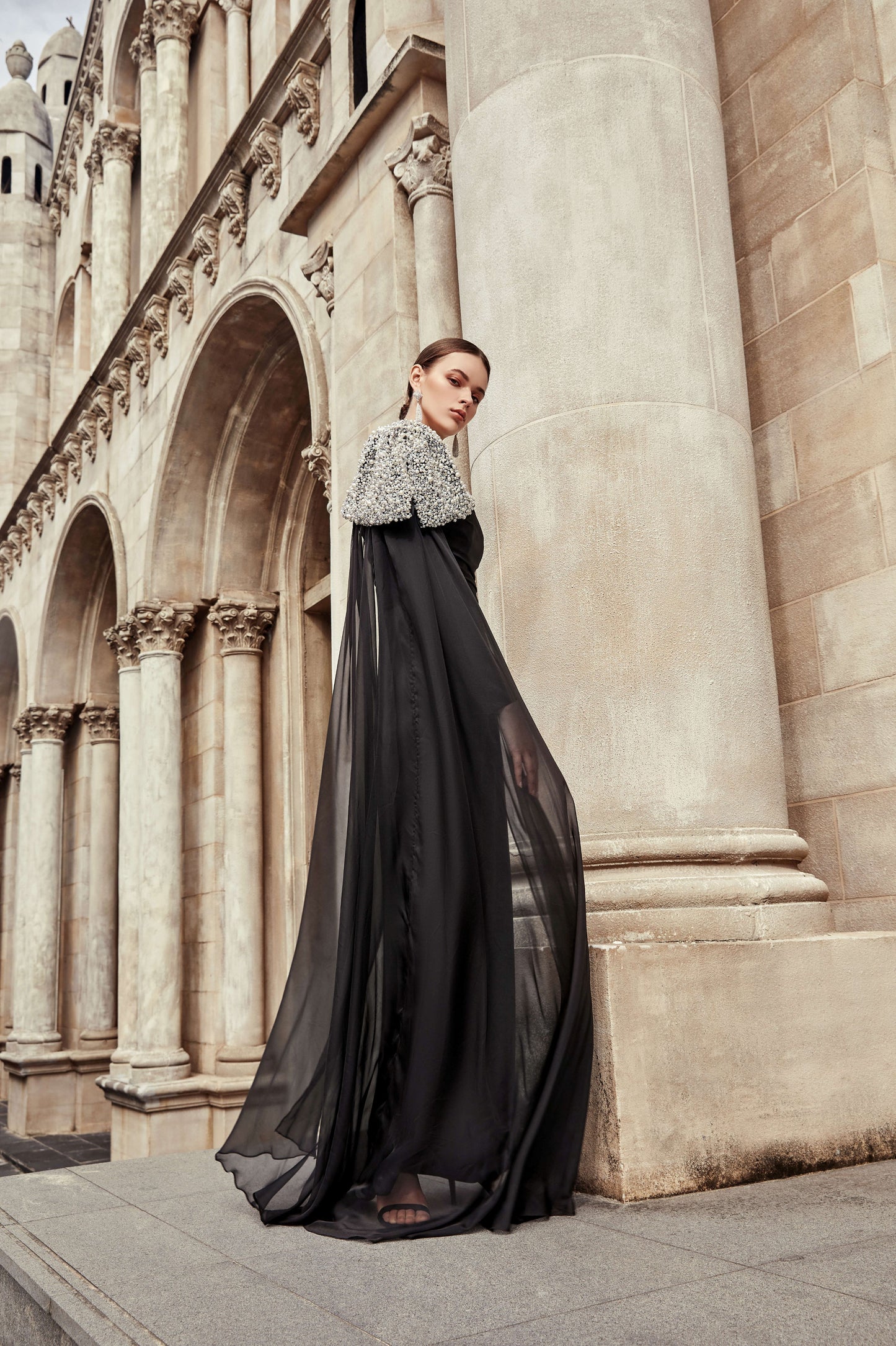 AKSC One-Shoulder Hand-Beaded Black Gown – Luxe Chiffon & Satin