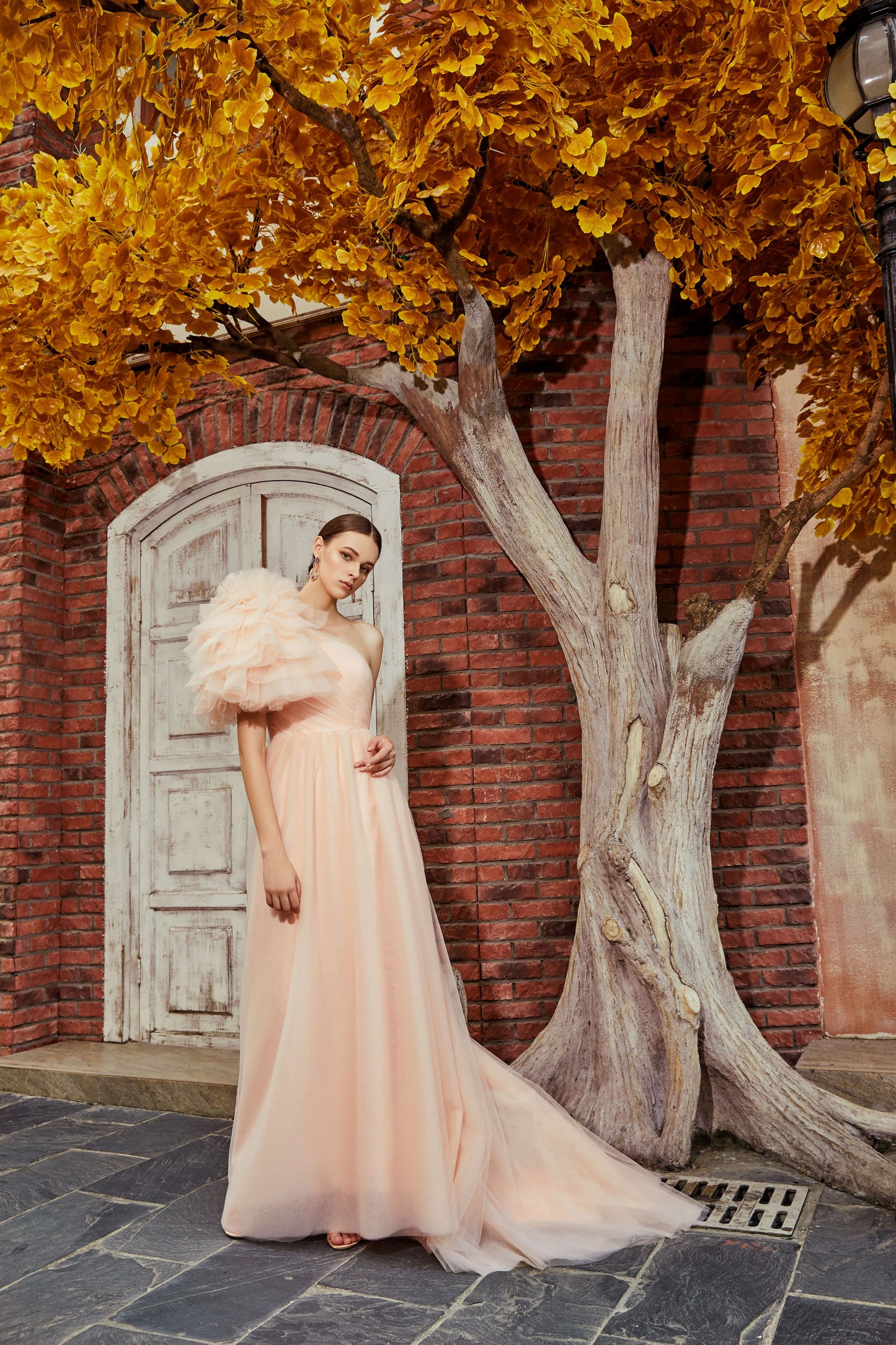 AKSC One-Shoulder Tulle Gown with 3D Floral Detail