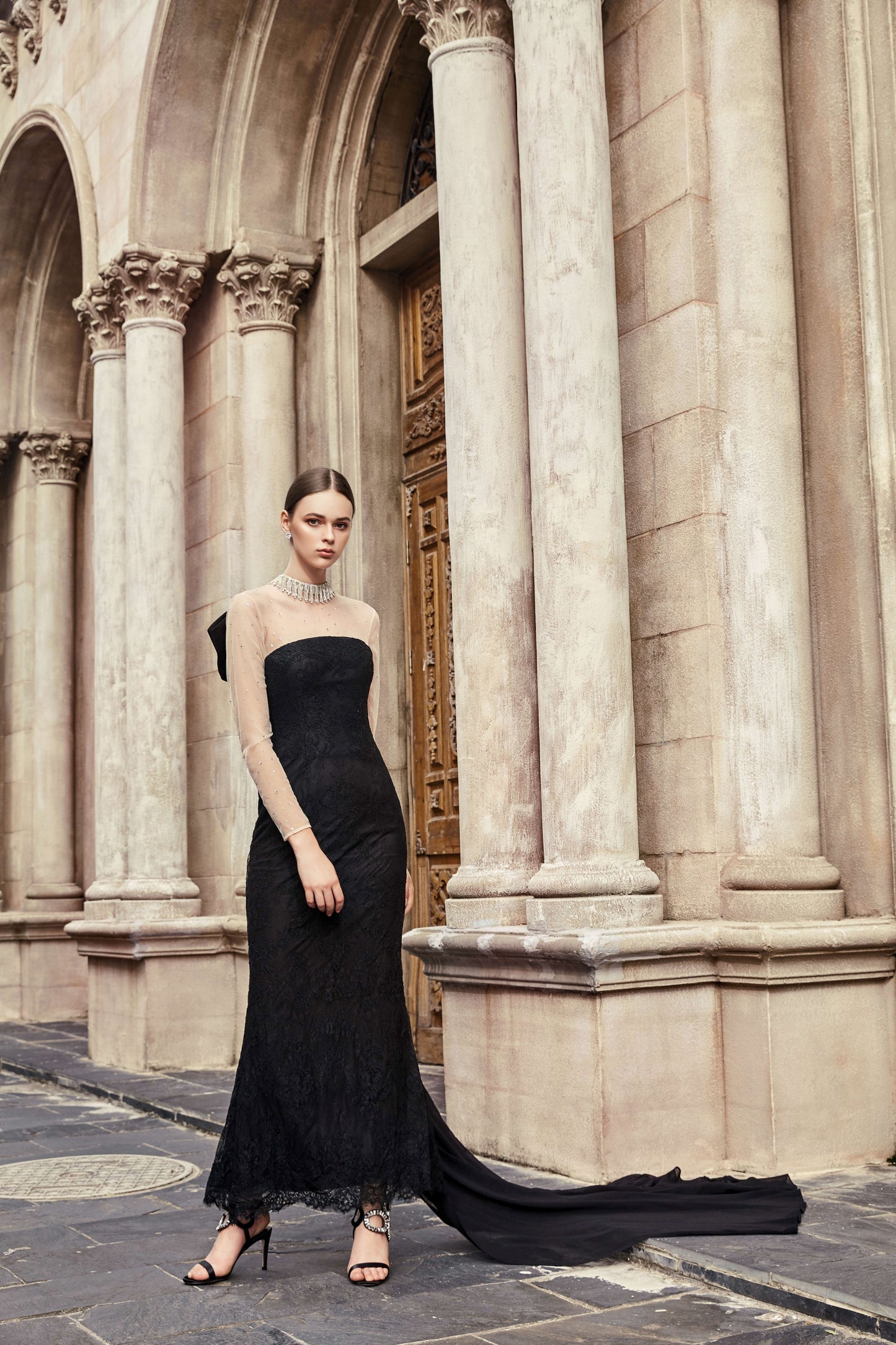 AKSC Embellished Sheer Mesh Sleeve Black Lace Dress