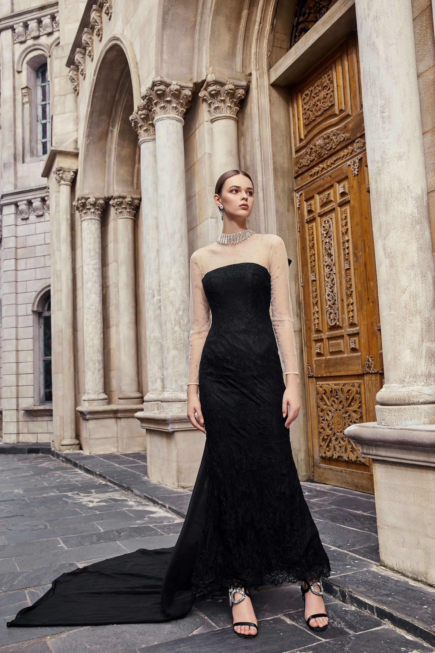 AKSC Embellished Sheer Mesh Sleeve Black Lace Dress
