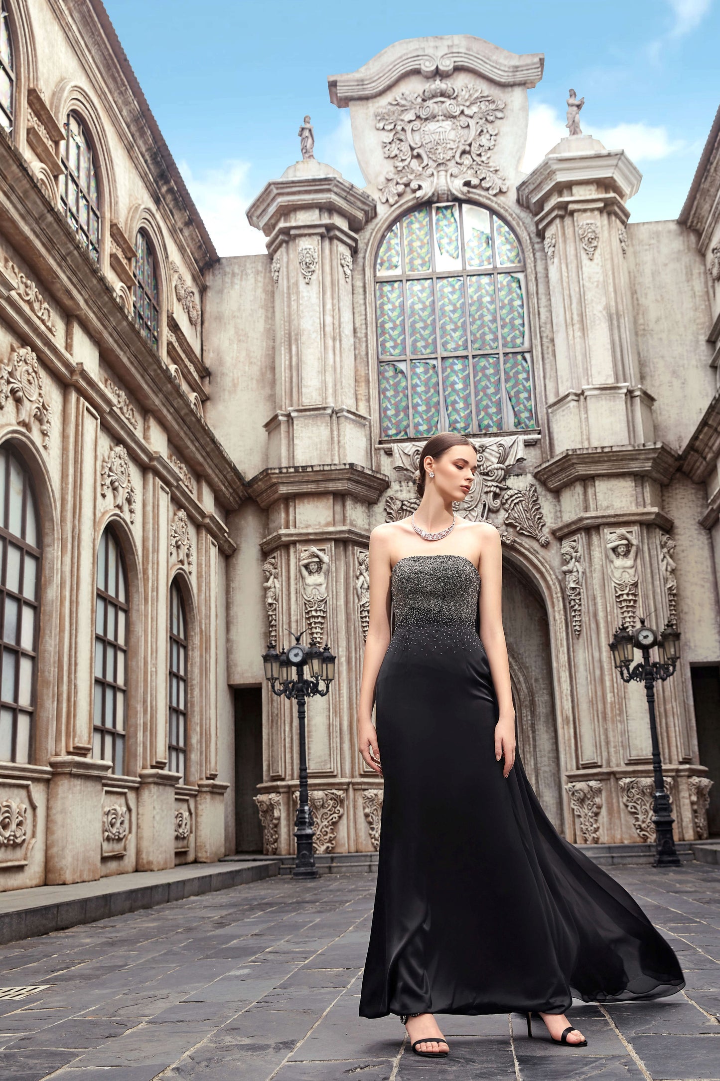 AKSC Hand-Beaded Black Strapless Gown