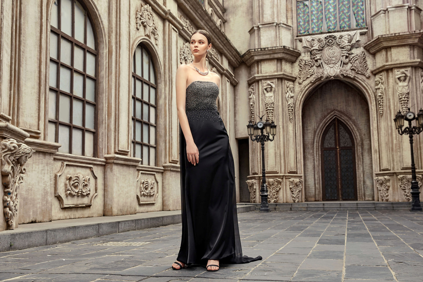 AKSC Hand-Beaded Black Strapless Gown