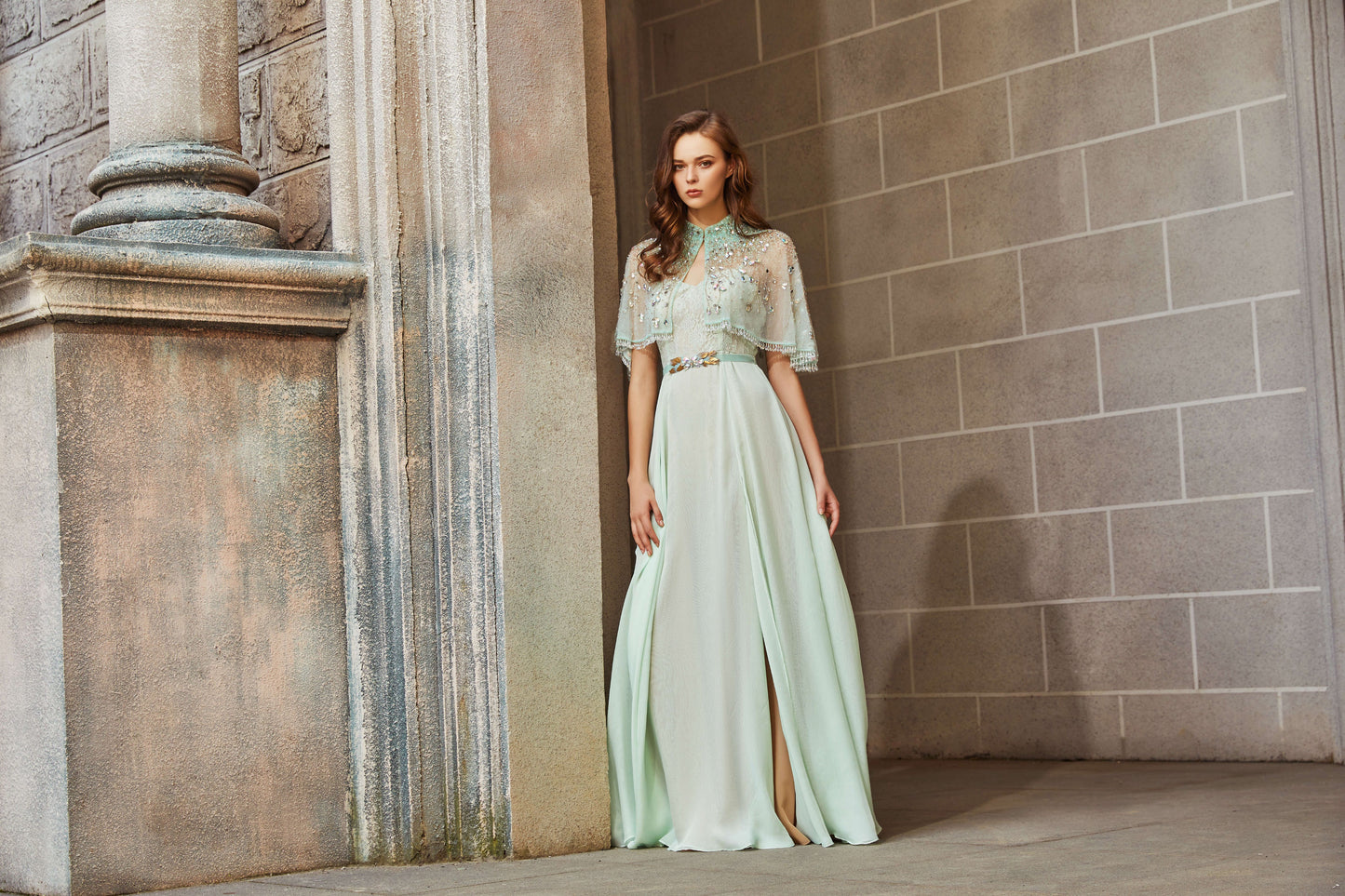 AKSC Mint Green Two-Piece Gown with Beaded Tassel Capelet