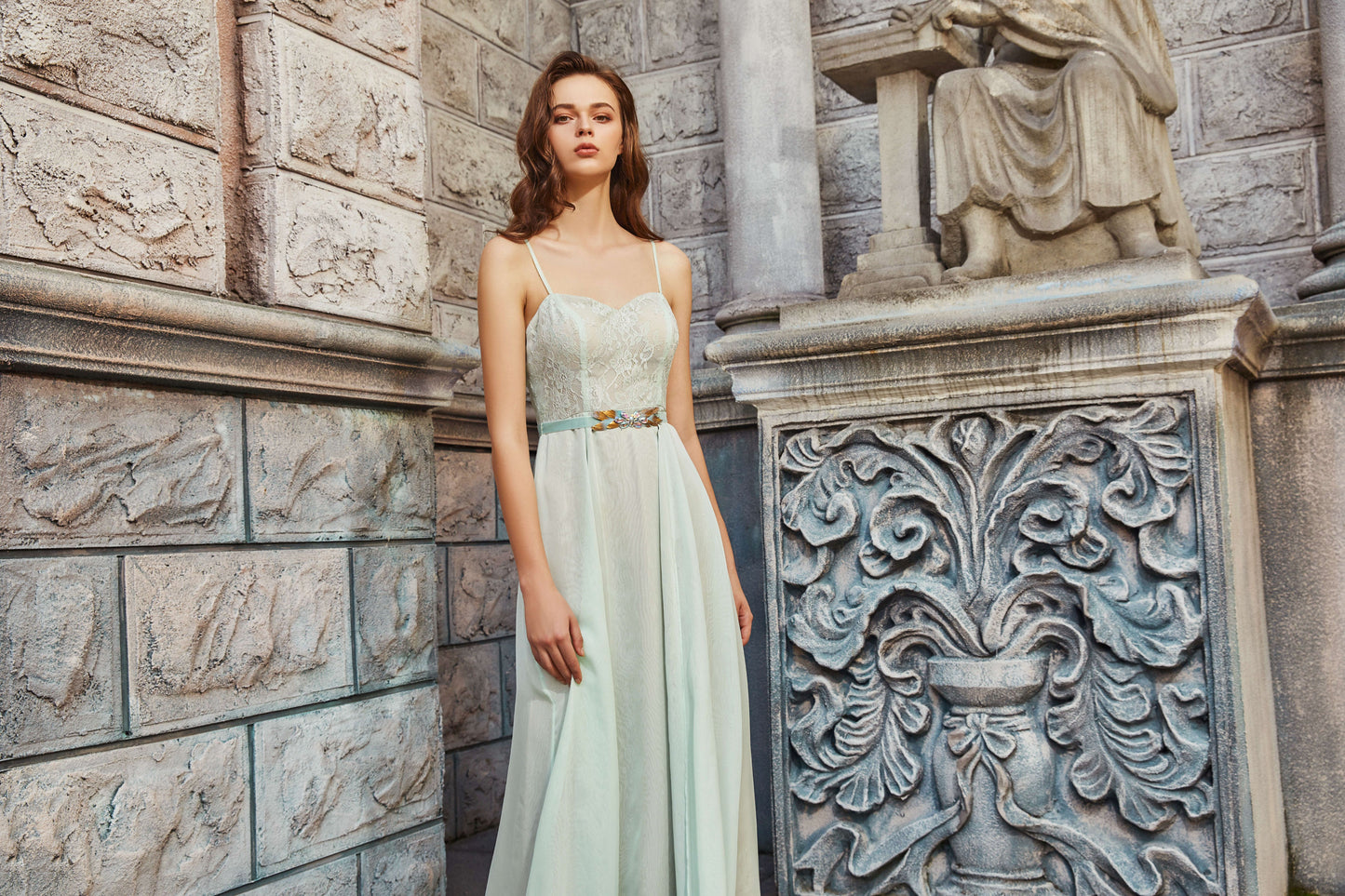 AKSC Mint Green Two-Piece Gown with Beaded Tassel Capelet