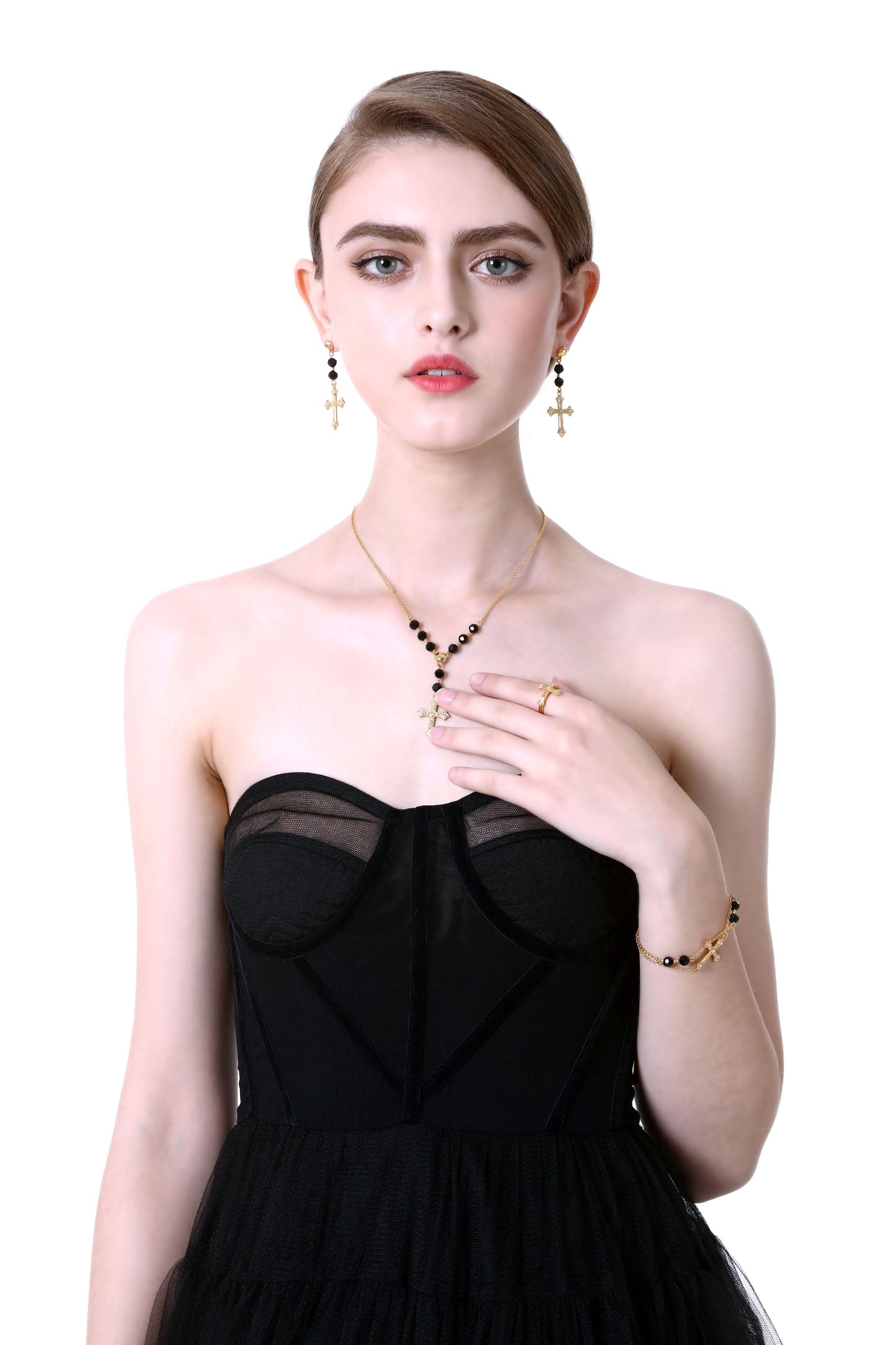 Elegant Cross Dangle Earrings – Gold-Plated Luxury for Evening Looks