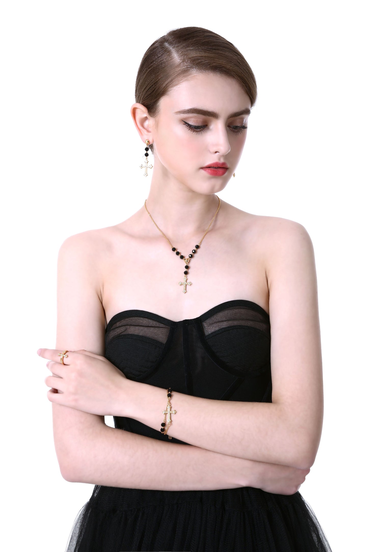 Elegant Cross Dangle Earrings – Gold-Plated Luxury for Evening Looks
