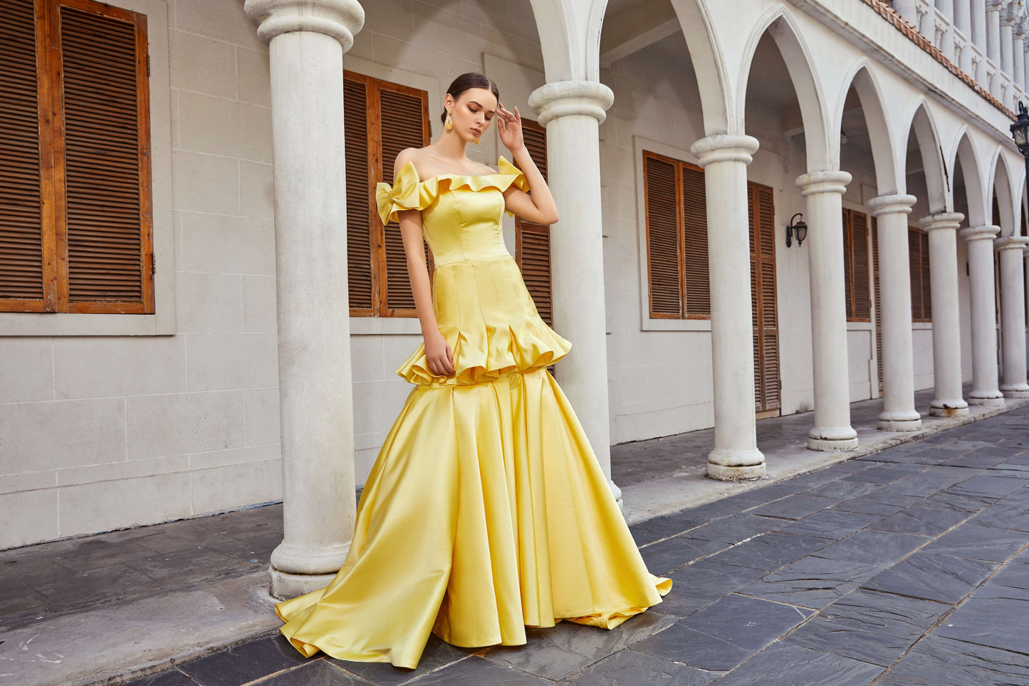 AKSC Yellow Off-Shoulder Bow Gown with Tiered Skirt