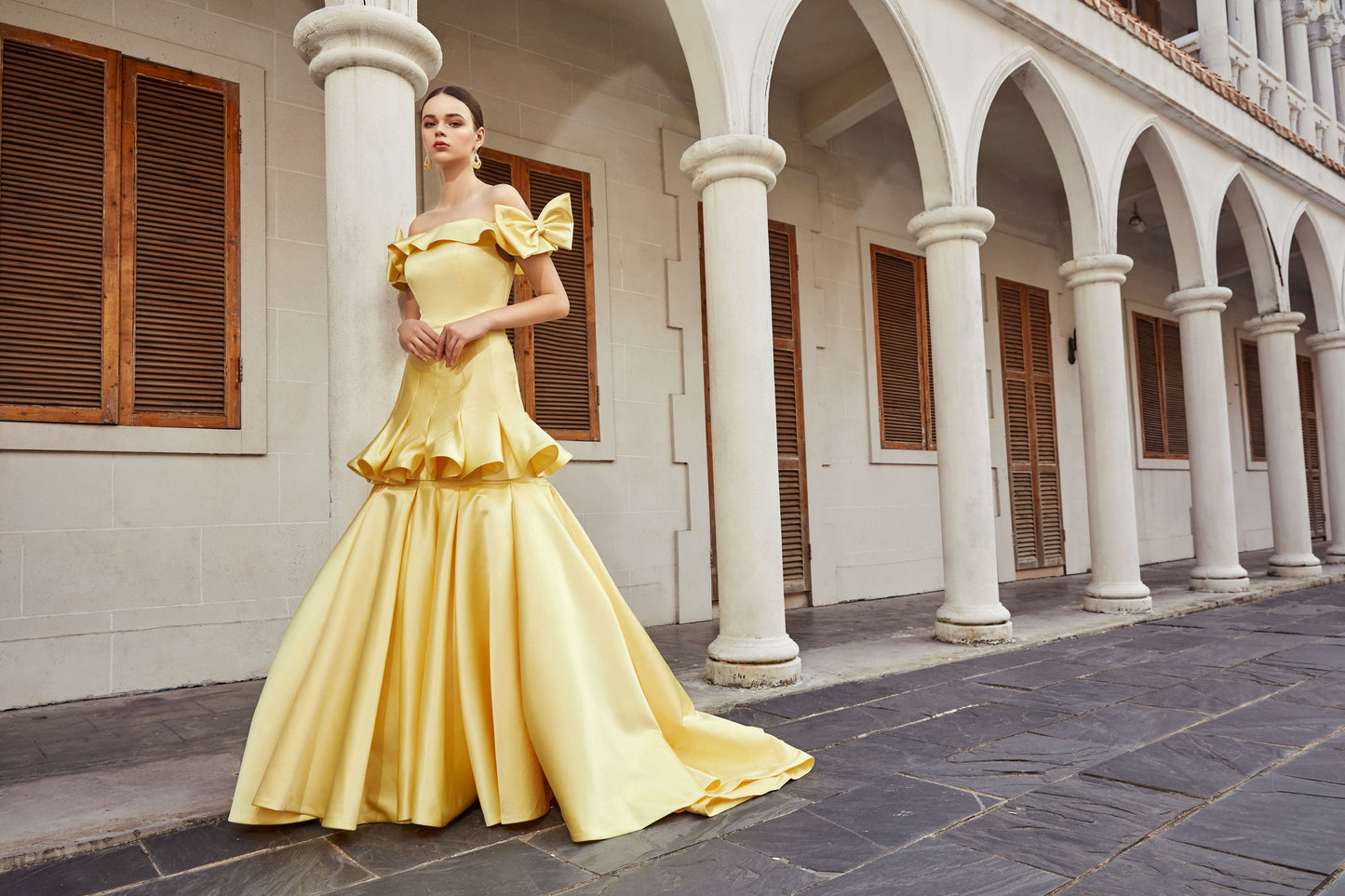 AKSC Yellow Off-Shoulder Bow Gown with Tiered Skirt