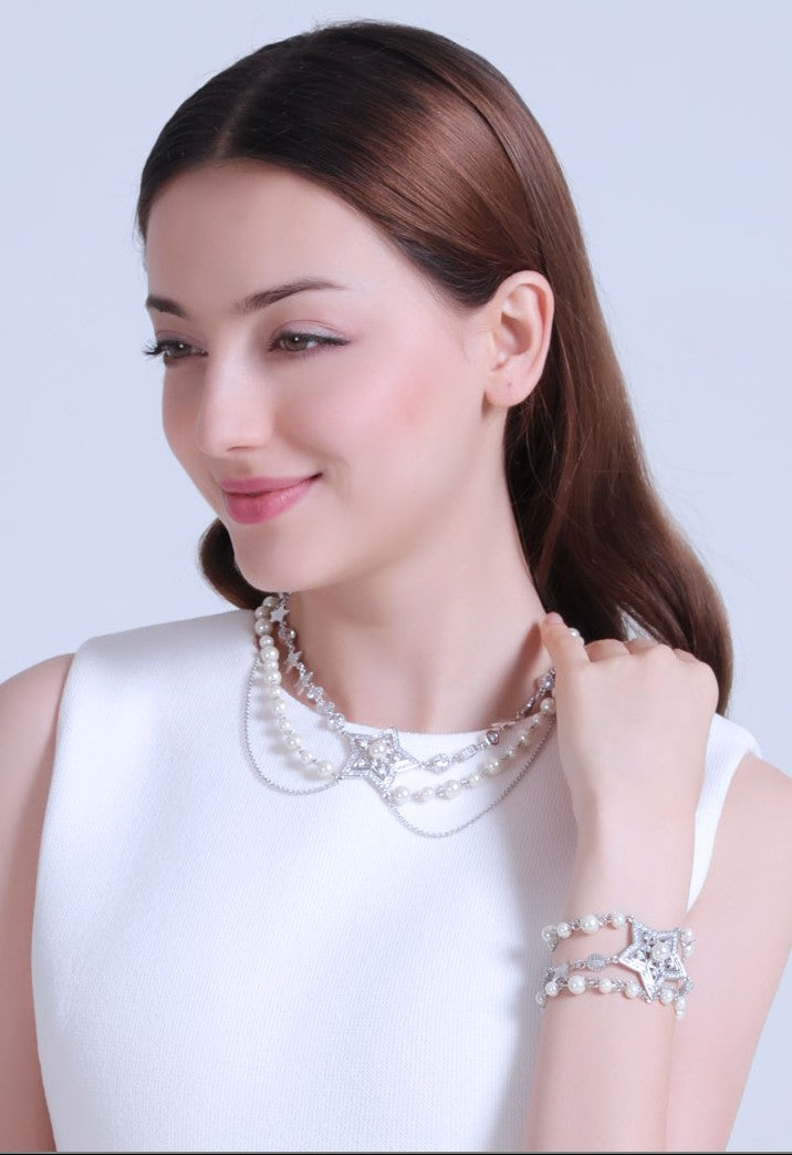 Starry Skies Pearl Necklace –Handcrafted Glamour with Crystals