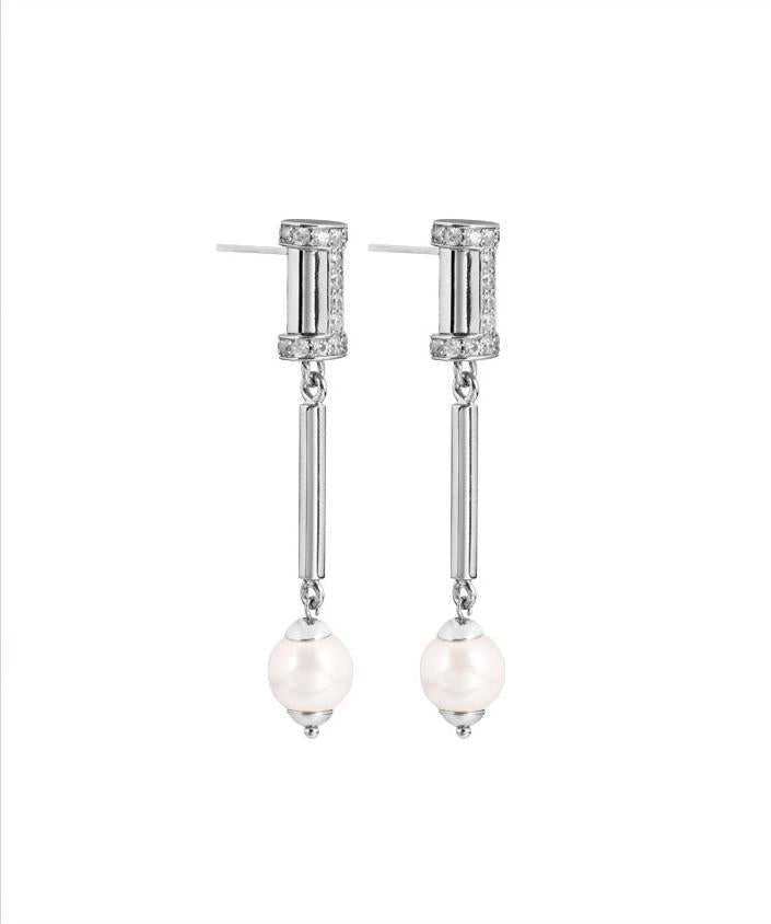 Futuristic Earrings – Geometric White Gold Design with Shell Pearl & Zircon