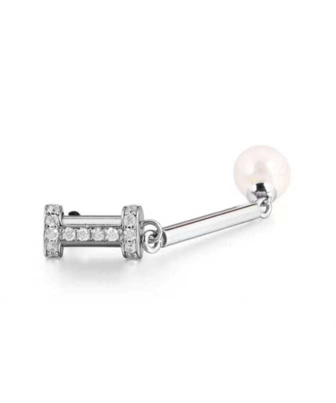 Futuristic Earrings – Geometric White Gold Design with Shell Pearl & Zircon