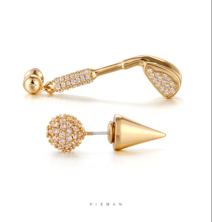 Golf Club & Ball Earrings - 24K Gold Plated with Zircon Stones