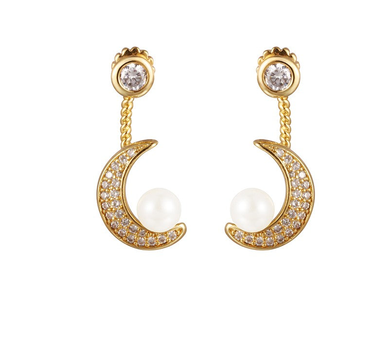Lunar Dream Earrings – Gold Moon Earrings with Shell Pearl & Crystals