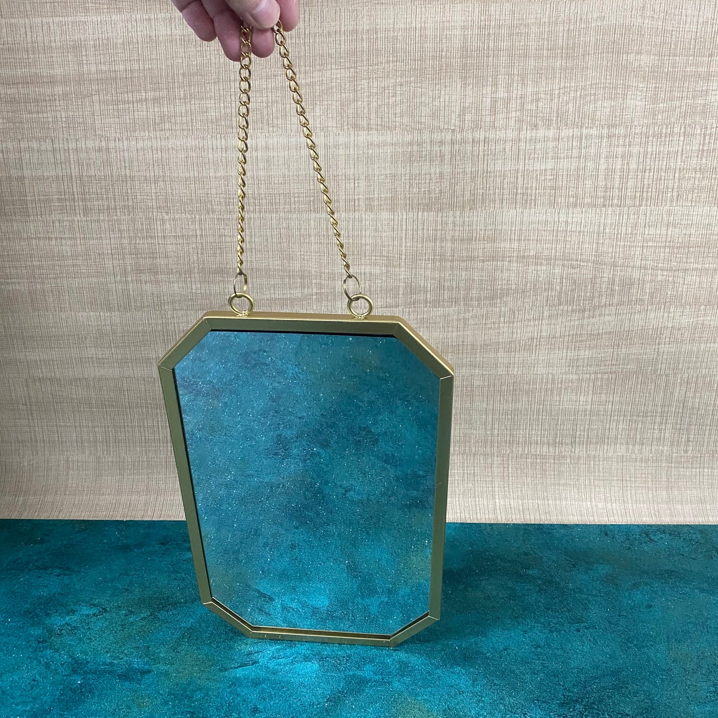 Meidiowave Mirrors Hanging Wall Mirror Gold Geometric Mirrow with Chain Decorative Vanity Mirror For Bathroom Wall Makeup Mirror Bedroom And Living Room