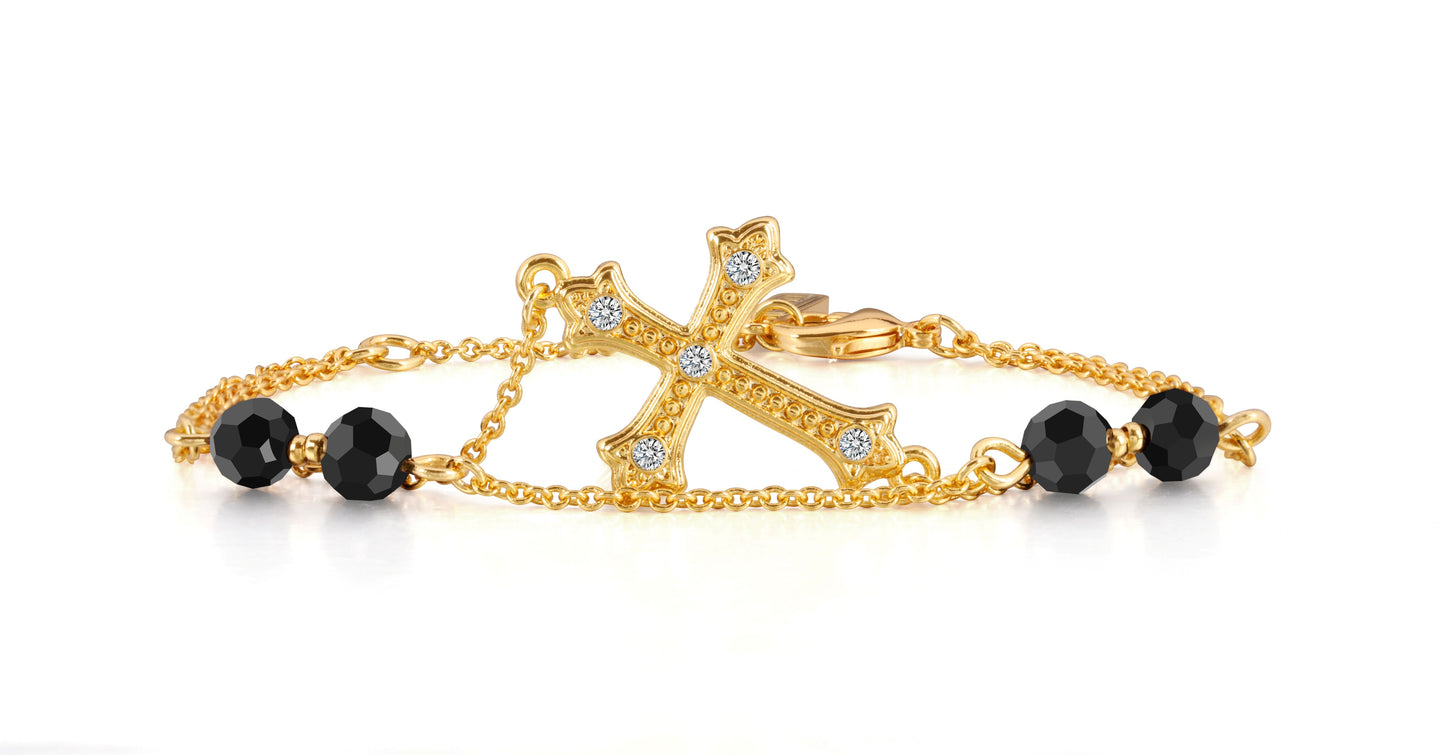 Vintage Cross Bracelet – 24K Gold Plated with Black Glass Crystal