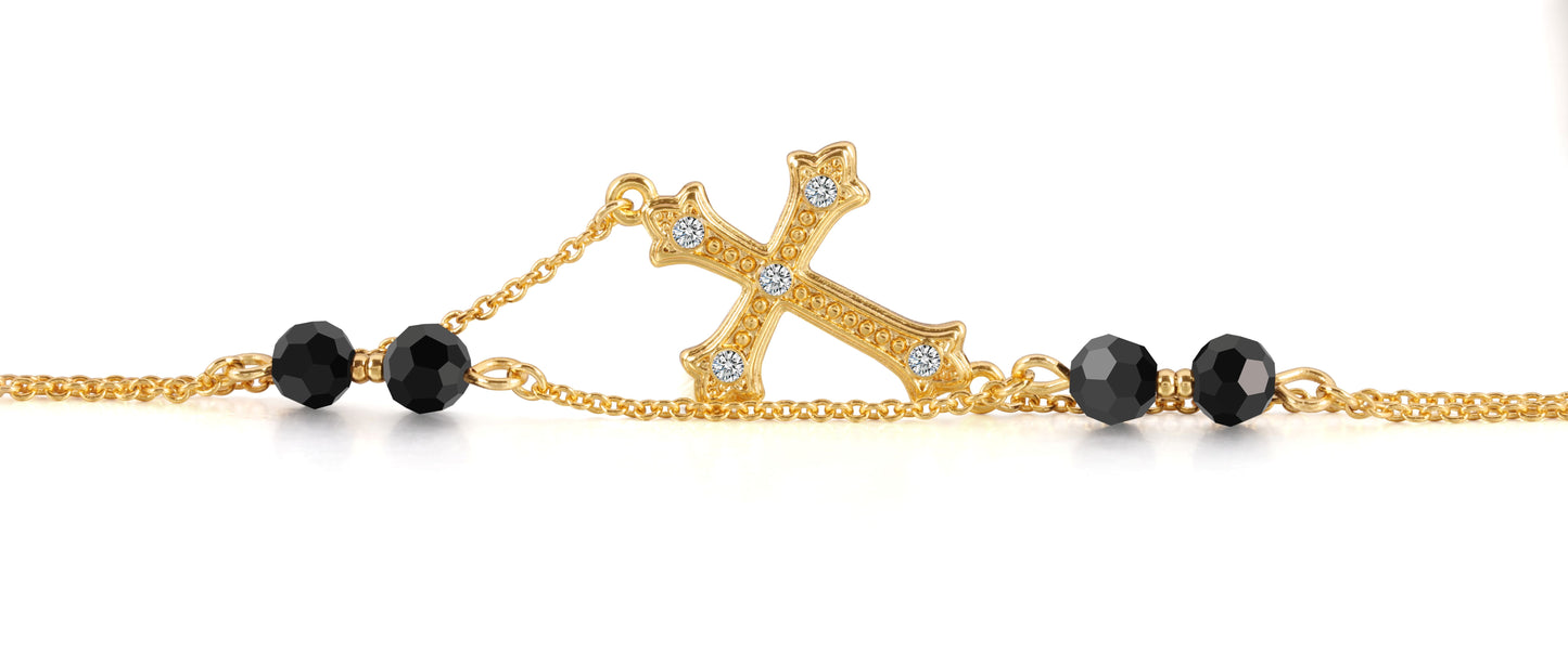 Vintage Cross Bracelet – 24K Gold Plated with Black Glass Crystal