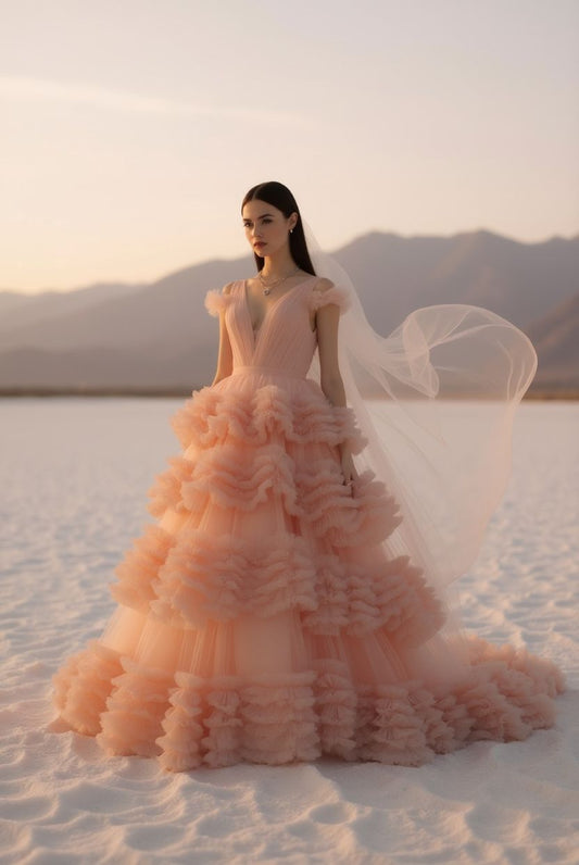 AKSC Elegant Peach Tulle Ball Gown with Ruffle Layers