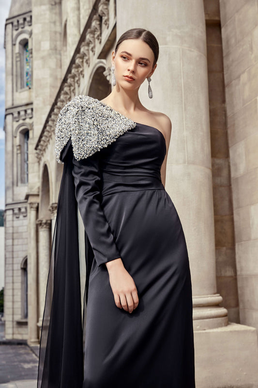 AKSC One-Shoulder Hand-Beaded Black Gown – Luxe Chiffon & Satin