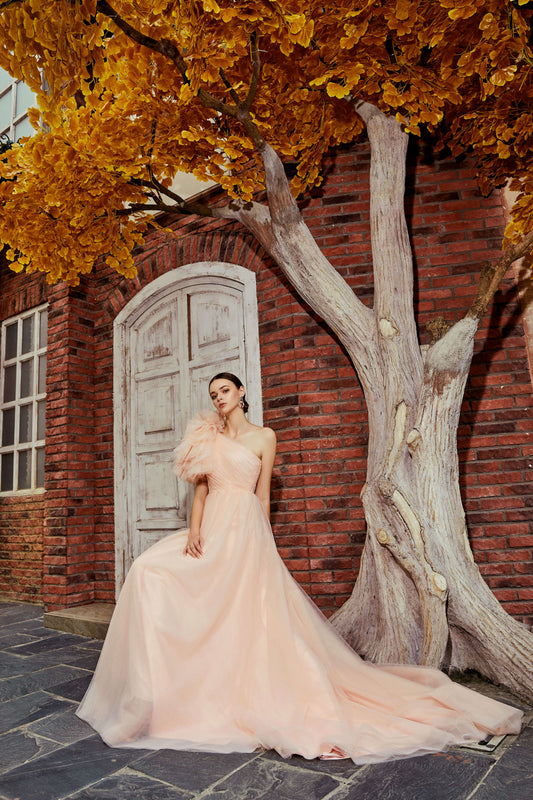 AKSC One-Shoulder Tulle Gown with 3D Floral Detail