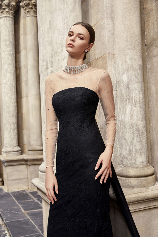 AKSC Embellished Sheer Mesh Sleeve Black Lace Dress