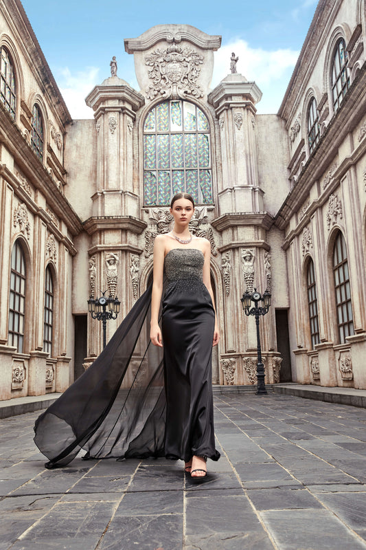 AKSC Hand-Beaded Black Strapless Gown