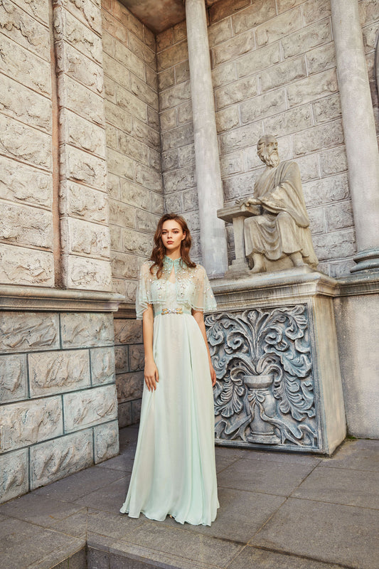 AKSC Mint Green Two-Piece Gown with Beaded Tassel Capelet