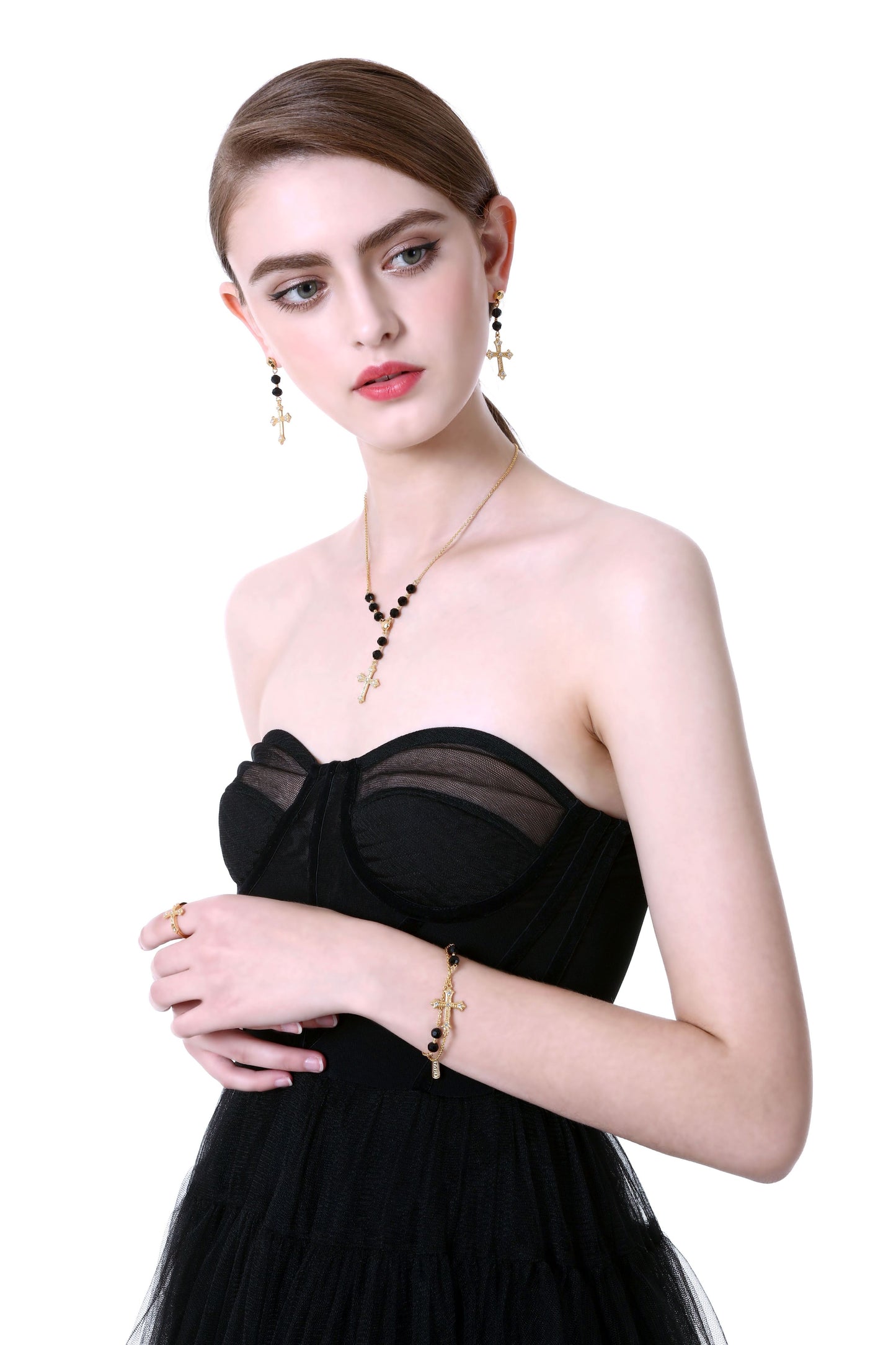 Vintage Cross Bracelet – 24K Gold Plated with Black Glass Crystal