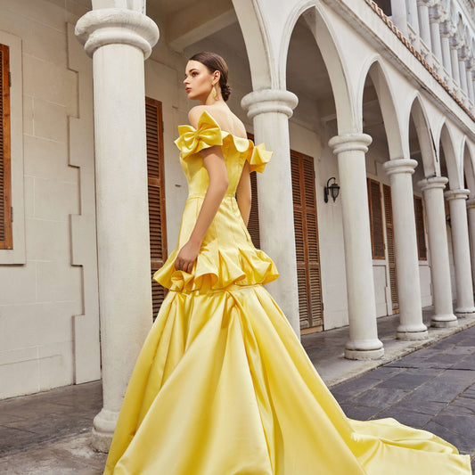 AKSC Yellow Off-Shoulder Bow Gown with Tiered Skirt