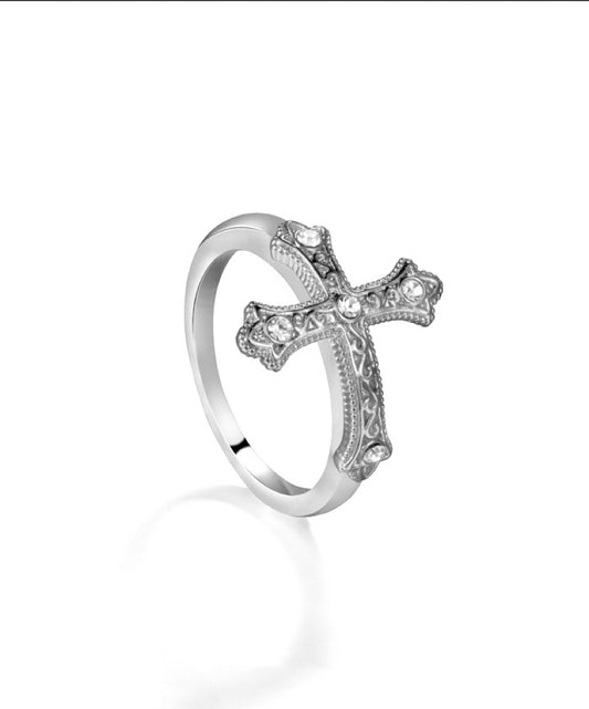 Mystique Cross Ring – 24K White Gold Plated Punk Style