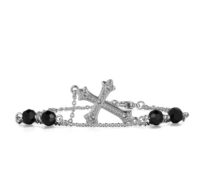 Vintage Cross Bracelet – 24K Gold Plated with Black Glass Crystal