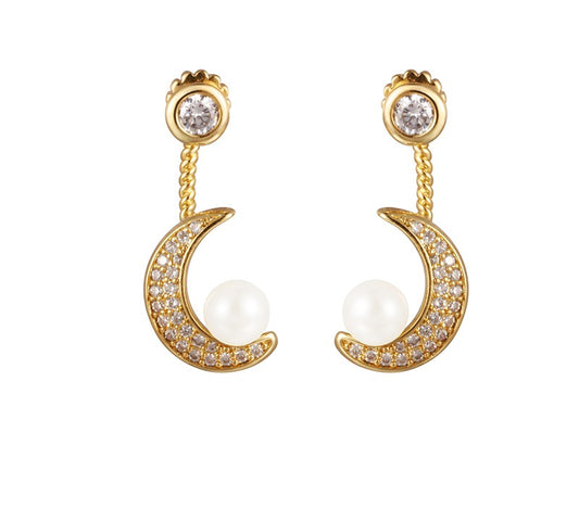 Lunar Dream Earrings – Gold Moon Earrings with Shell Pearl & Crystals